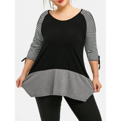 Plus Size Striped Panel Slit Sleeve T-shirt - Black And Gray