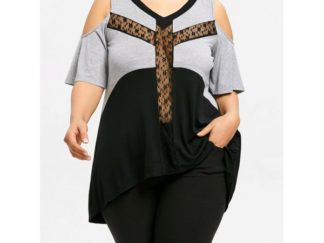Plus Size Sheer Cold Shoulder High Low T-shirt - Black And Grey
