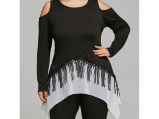 Tassel Plus Size Cold Shoulder Crescent T-shirt - Black