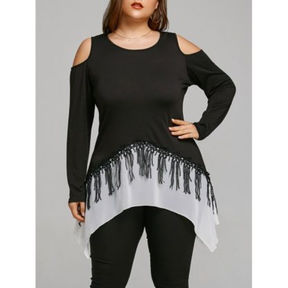 Tassel Plus Size Cold Shoulder Crescent T-shirt - Black