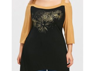 Plus Size Two Tone Cold Shoulder T-shirt - Black And Orange