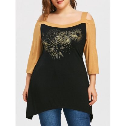Plus Size Two Tone Cold Shoulder T-shirt - Black And Orange