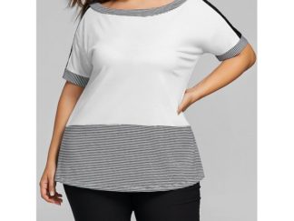 Plus Size Striped Two Tone T-shirt - White