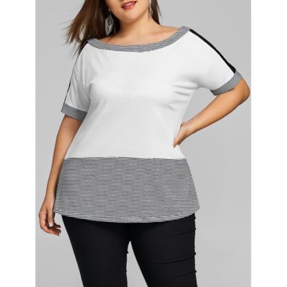 Plus Size Striped Two Tone T-shirt - White