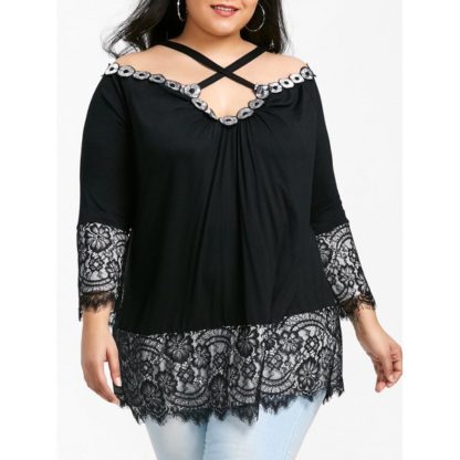 Plus Size Criss Cross Lace Insert T-shirt - Black