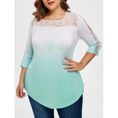 Plus Size Lace Yoke Ombre T-shirt - Blue Green