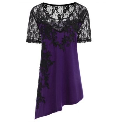 Lace Insert Plus Size Slant Asymmetric T-shirt