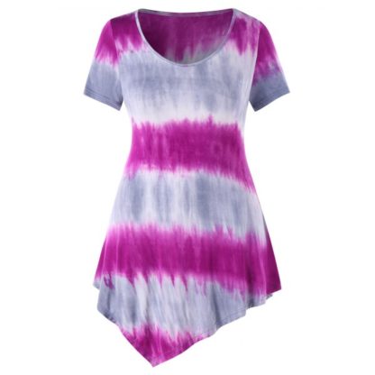 Plus Size Tie Dyed Asymmetrical T-shirt - Bright Neon Pink