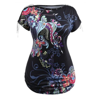 Plus Size Ruched Shoulder Lace-up T-shirt - Black