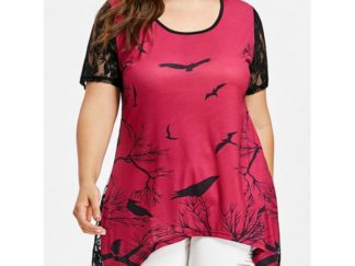Plus Size Bird Print Lace Back T-shirt - Rose Red