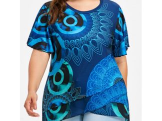 Print Plus Size Flutter Sleeve Overlap T-shirt - Blue