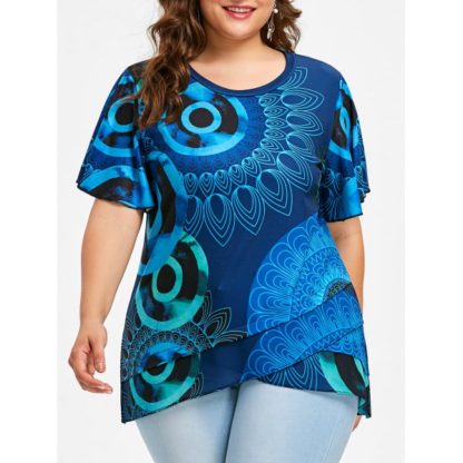 Print Plus Size Flutter Sleeve Overlap T-shirt - Blue