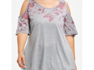 Plus Size Cold Shoulder Floral T-shirt - Light Gray