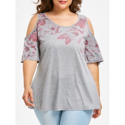 Plus Size Cold Shoulder Floral T-shirt - Light Gray