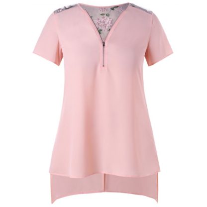 Embroidered Back Plus Size Short Sleeve Blouse - Light Pink