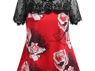 Floral Print Lace Panel Plus Size T-shirt - Love Red