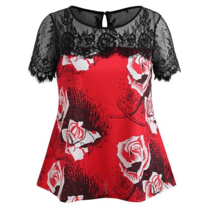 Floral Print Lace Panel Plus Size T-shirt - Love Red