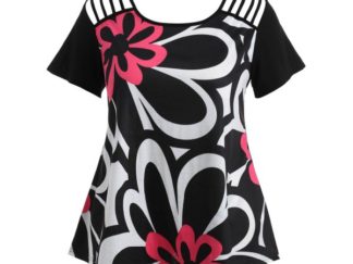 Handpainted Floral Print Plus Size T-shirt - Black