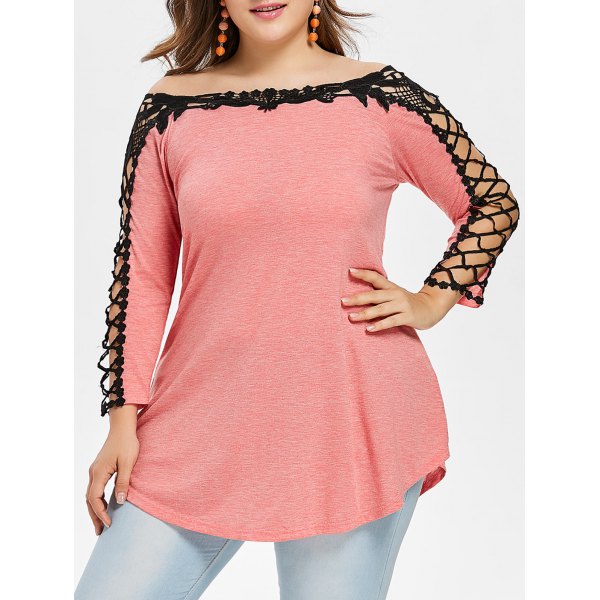 Plus Size Contrast Lace Trim Tunic T-shirt - Light Pink - Big and Sexy ...