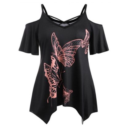 Plus Size Cold Shoulder Butterfly T-shirt - Black