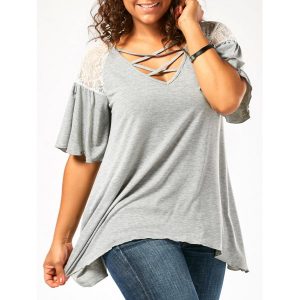 Criss Cross Drop Shoulder Plus Size Tunic T-Shirt - Light Gray