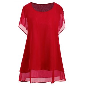 Plus Size Beaded Chiffon Tunic Top - Red