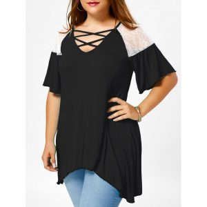 Criss Cross Drop Shoulder Plus Size Tunic T-Shirt - White and Black