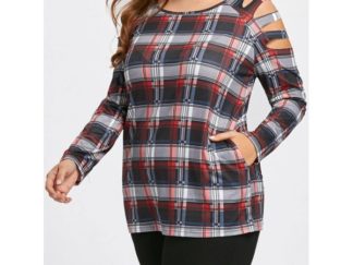 Plus Size Cold Shoulder Plaid Tunic T-shirt - Checked