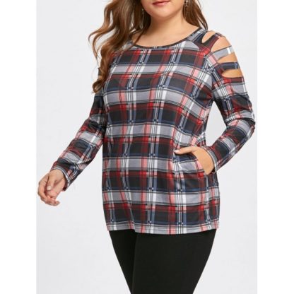 Plus Size Cold Shoulder Plaid Tunic T-shirt - Checked