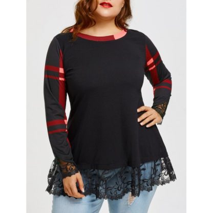 Lace Trim Plus Size Long Sleeve Plaid T-shirt - Black