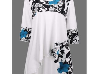 Plus Size Floral Print Panel Asymmetrical T-shirt - White