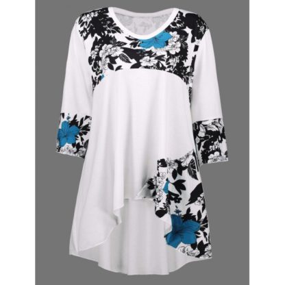 Plus Size Floral Print Panel Asymmetrical T-shirt - White