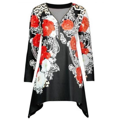 Plus Size Half Zip Up Leopard Asymmetric T-shirt - Black