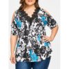 Lace Collar Plus Size Floral Print T-shirt