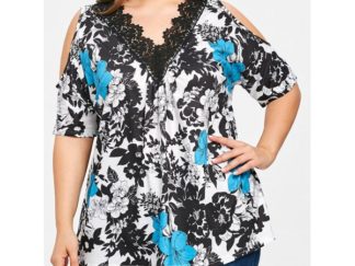 Lace Collar Plus Size Floral Print T-shirt