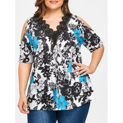 Lace Collar Plus Size Floral Print T-shirt