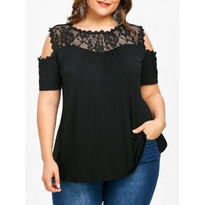 Plus Size Short Sleeve Lace Panel T-shirt - Black