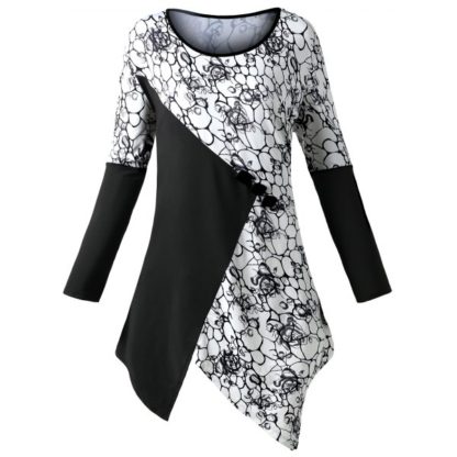 Plus Size Floral Panel Two Tone Top - White and Black
