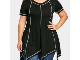 Plus Size Contrast Stitches Asymmetric Longline T-shirt - Black