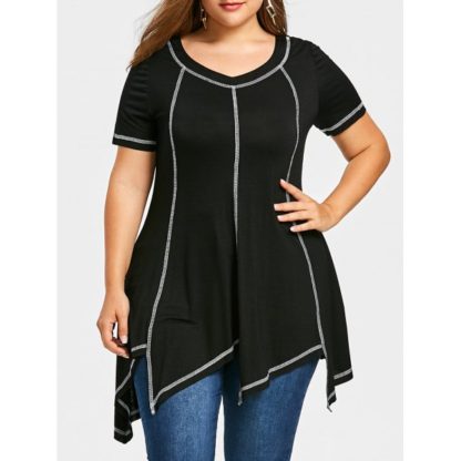 Plus Size Contrast Stitches Asymmetric Longline T-shirt - Black