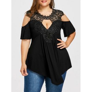 Plus Size Keyhole Neck Cold Shoulder T-shirt - Black