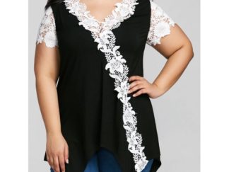 Plus Size Contrast Floral Lace Trim Tunic T-shirt - Black