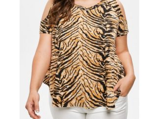 Plus Size Tiger Print Cold Shoulder T-shirt - Goldenrod