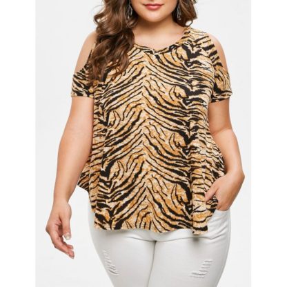 Plus Size Tiger Print Cold Shoulder T-shirt - Goldenrod
