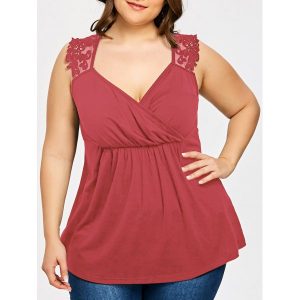 Plus Size Lace Panel Empire Waist Tank Top - Watermelon Red