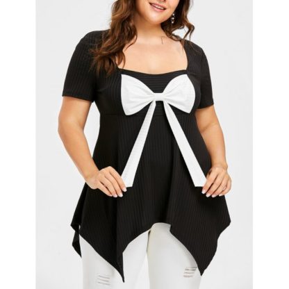 Plus Size Bowknot Embellished Ribbed T-shirt - Black