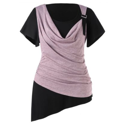 Plus Size Cow Neck Asymmetric T-shirt - Pink