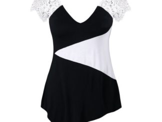 Lace Insert Plus Size Color Block T-shirt - Black