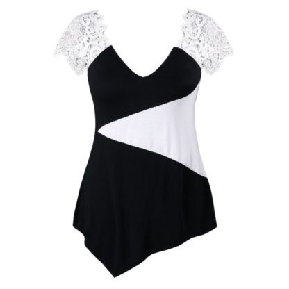 Lace Insert Plus Size Color Block T-shirt - Black
