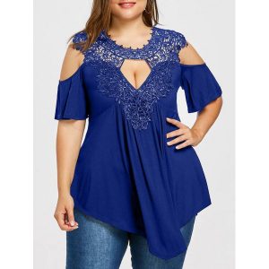 Plus Size Keyhole Neck Cold Shoulder T-shirt - Royal Blue